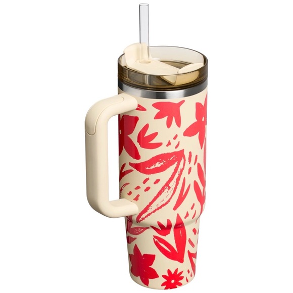 Stanley Cream and Red Floral Mug with Straw - Picture 2 of 3